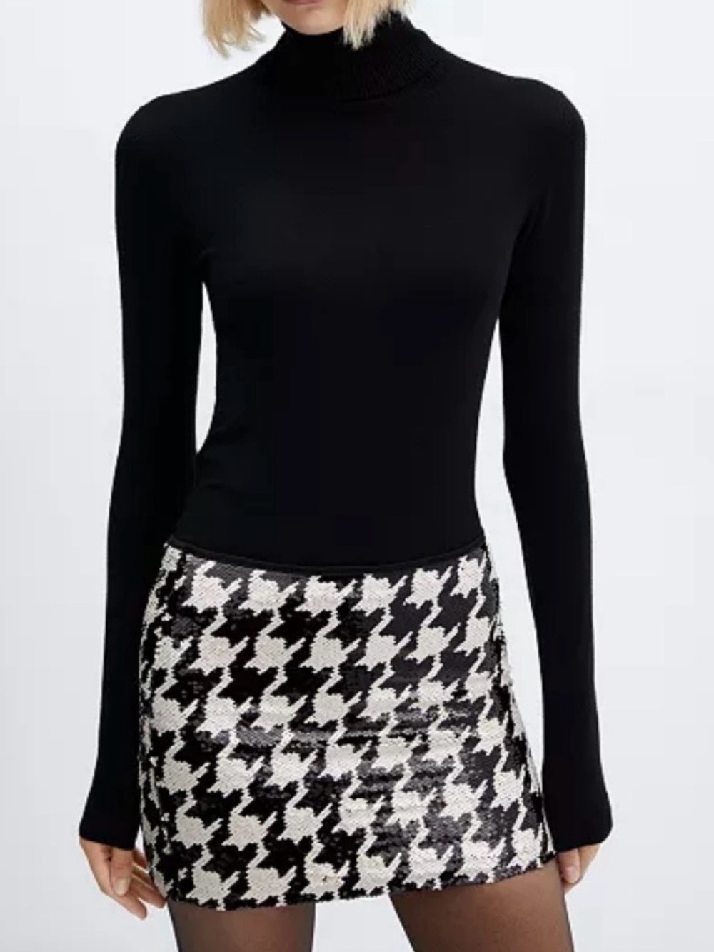 Mango Black & White Houndstooth Sequin Mini Skirt